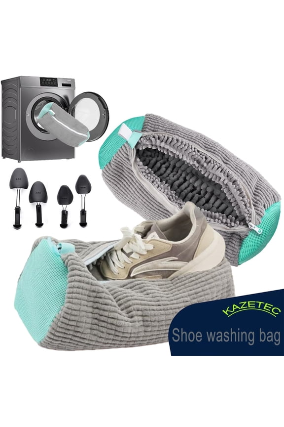 2-Pack Shoe Wash Bags for Washer/Dryer - w/ 2 Adjustable Shoe Trees | 360° Deep Clean, Hidden Zipper (Shoe Washing Bag Grey)