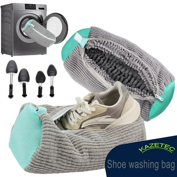 2-Pack Shoe Wash Bags for Washer/Dryer - w/ 2 Adjustable Shoe Trees | 360° Deep Clean, Hidden Zipper (Shoe Washing Bag Grey)