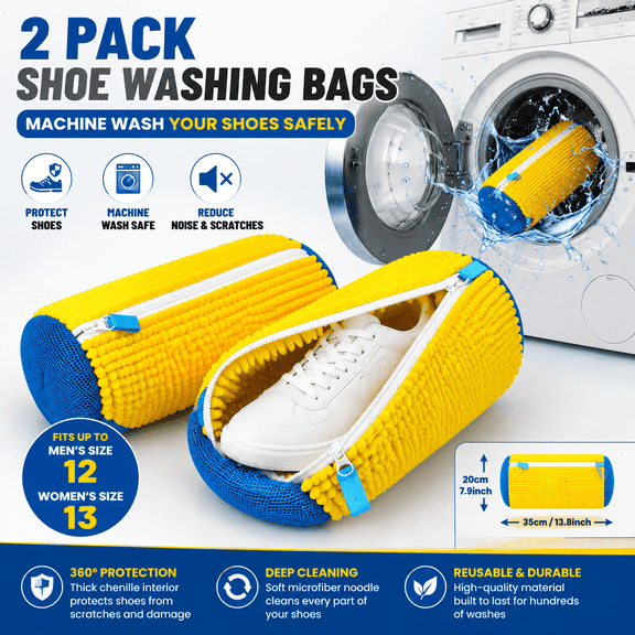 2 Pack Shoe Washing Machine Bag, Reusable Shoe Laundry Bags for Sneakers, Chenille Interior Shoe Wash Bag, Protect Shoes & Washer Drum, Reduce Noise, Machine Washable Shoe Cleaner Bag