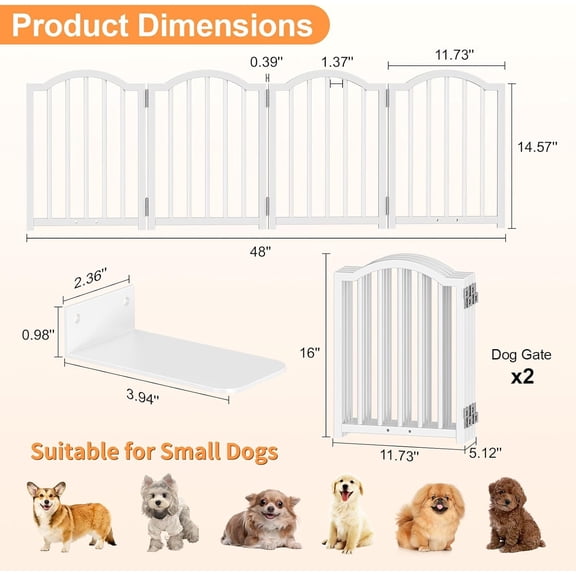 2 Pack Short Dog Gate Indoor, 16 High Freestanding Small Dog with Support Feet, Expand to 48 Wide Foldable Pet Gate for Doorway, 8 Panel Pet Door Pet Fence for Puppy, White