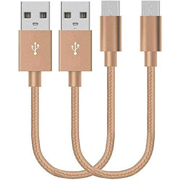 [2-Pack] Short Micro USB to USB Fast Charger Cable Cords, High Speed Data and Charging, Nylon Braided, 10-Inch (Gold)