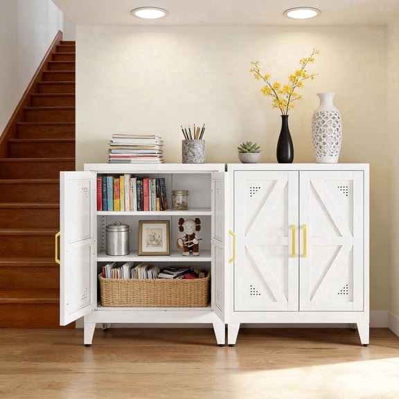 NadooLite Pack of 2 Small Storage Cabinet, Metal Adjustable Shelves, Bathroom Storage Cabinet with Doors for Entryway, Living Room, Hallway, White