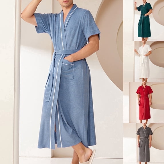 2 Pack Short Sleeve Robes for Men with Pockets and Belt Open Front Bathrobes Mens Casual Solid Color Comfort Homewear Loungewear Pajamas Shower Robe