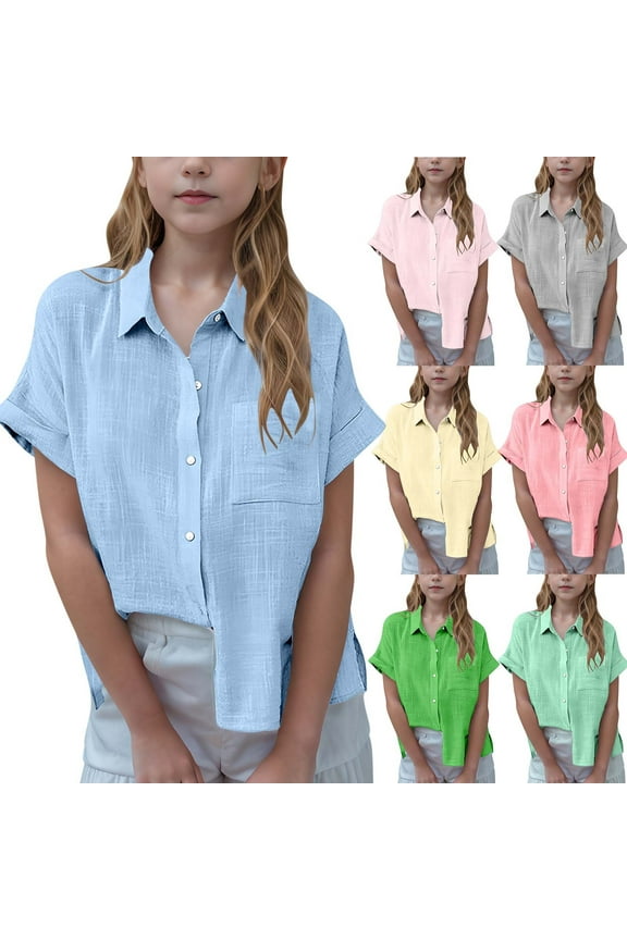 2 Pack Short Sleeve Shirts for Teens Girls with Pocket 3-14 Years Juniors Button-Down Collared Tops Tweens Kids Solid Lightweight Blouses Summer