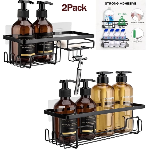 Asunby Shower Caddy Basket Shelf with Soap Holder, No Drilling Traceless Adhesive Wall Shelves with 11 Hooks, Rustproof Bathroom Storage Organizer, Black 2 Pack