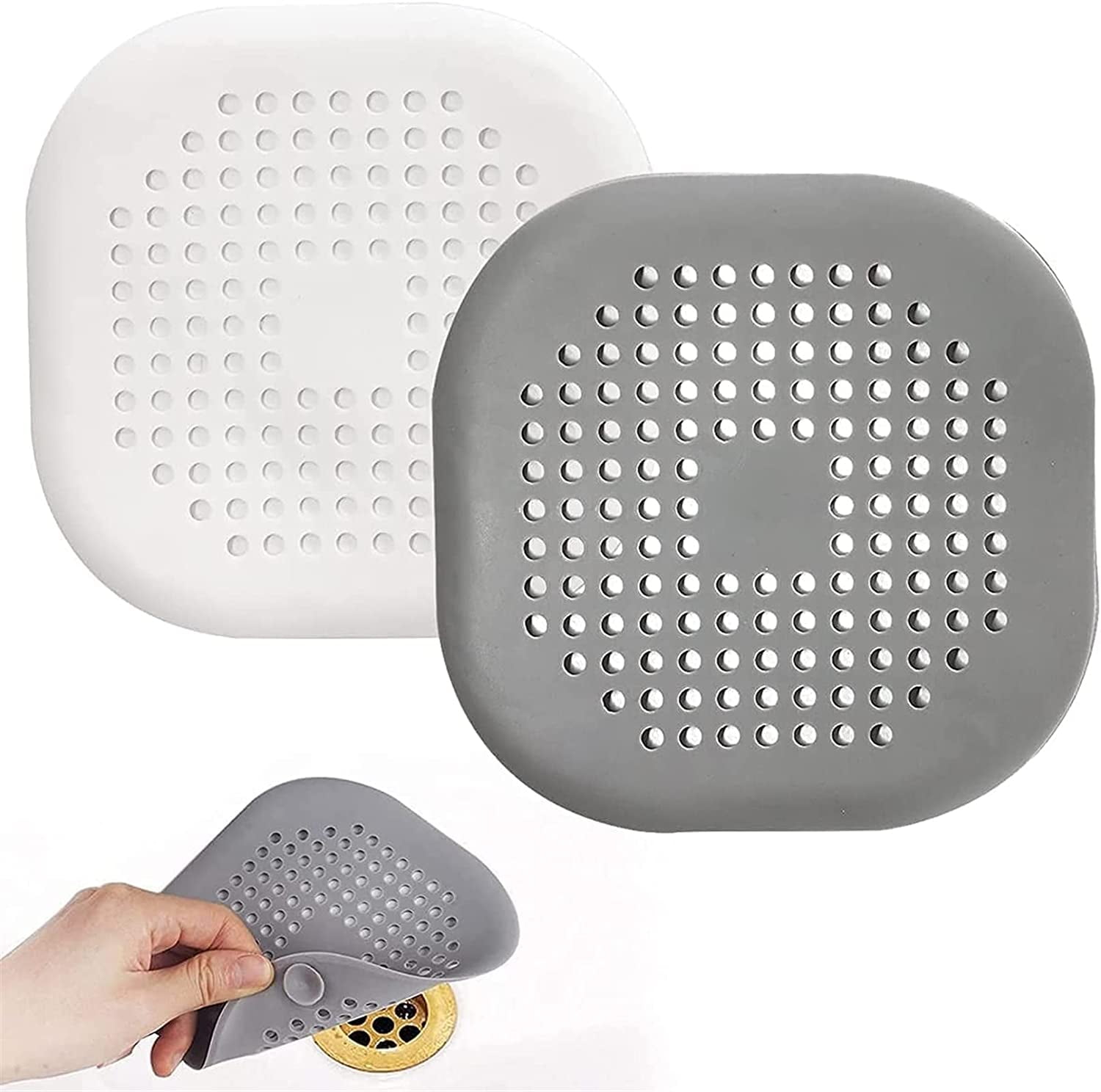 2-Pack Silicone Drain Hair Catcher – Square Shower Drain Cover With Suction Cups For Bathroom, Bathtub, Kitchen Sink