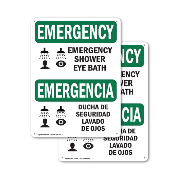 (2 Pack) Shower Eye Bath Bilingual OSHA Emergency Sign 18 Inch X 24 Inch Indoor / Outdoor Rust-Free Aluminum Metal Signs for Workplace, Workshop, and Construction Site, Made in the USA