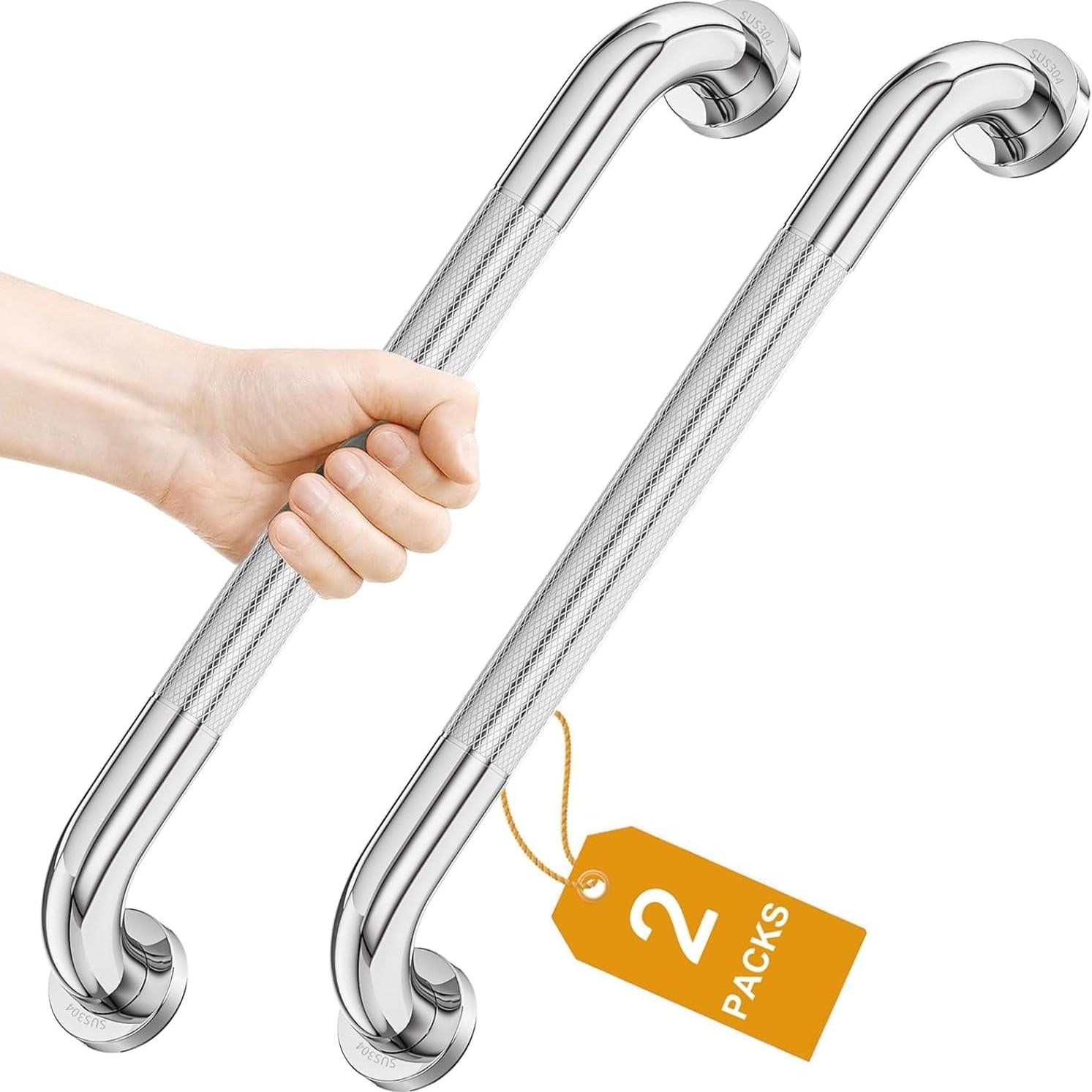 2 Pack Shower Grab Bar, 19 Inch Stainless Steel Bathroom Grab Bar with Anti-Slip Knurled Grip, Heavy Duty Shower Handle Bath Handle, Safety Bars for Elderly or Handicapped (Polished)
