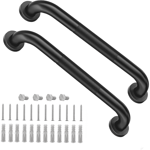 2 Pack Non-slip Patterned Shower Grab Bars for Bathroom 16" Black Stainless Steel Anti-Slip Knurled Grip Home Care Bath Handrail Seniors Elderly Assist Handicap Bath Handle Safety Hand Rail
