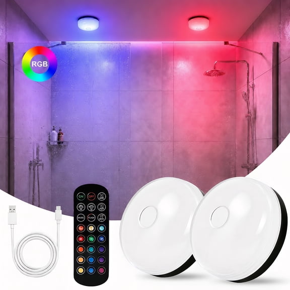 2 Pack Shower Lights, Rechargeable Ambient Lights with Remote, Wireless Night Lights for Bathroom Bedroom Support 3 Color Temperature white Lights and 12 RGB Colored Lights