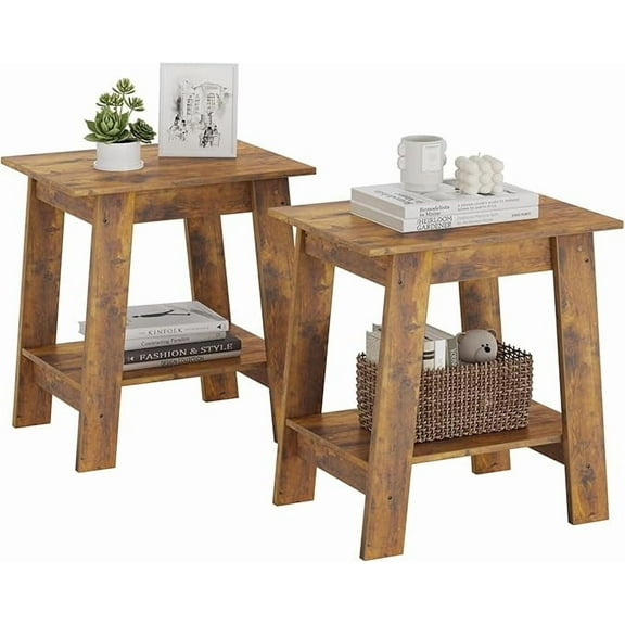 2-Pack Side Tables – 2-Tier End Table with Lower Shelf for Small Spaces (Rustic Brown)