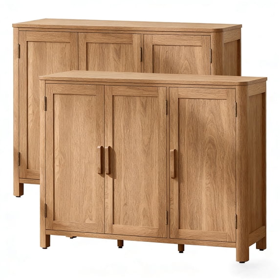 2 Pack Sideboard Buffet Cabinet with Storage, 46" Arc-Shaped Mid Century Modern Credenza, 3 Doors & Adjustable Shelves, Natural Finish for Kitchen, Living Room, Entryway