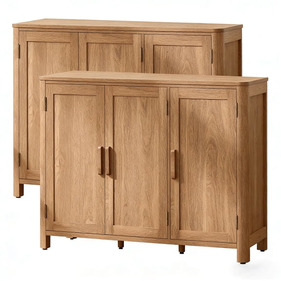 2 Pack Sideboard Buffet Cabinet with Storage, 46" Arc-Shaped Mid Century Modern Credenza, 3 Doors & Adjustable Shelves, Natural Finish for Kitchen, Living Room, Entryway