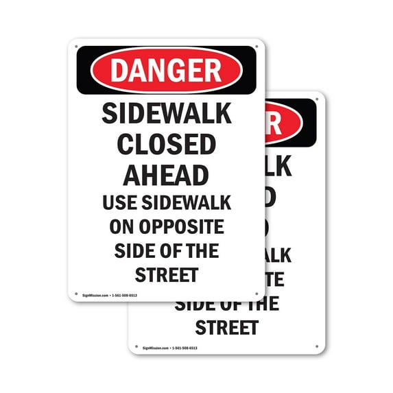 (2 Pack) Sidewalk Closed Ahead Use Sidewalk OSHA Danger Sign 18 Inch X 24 Inch Plastic Sign, Weather Resistant, UV Protected for Workplace, Business, and Construction Site, Made in the