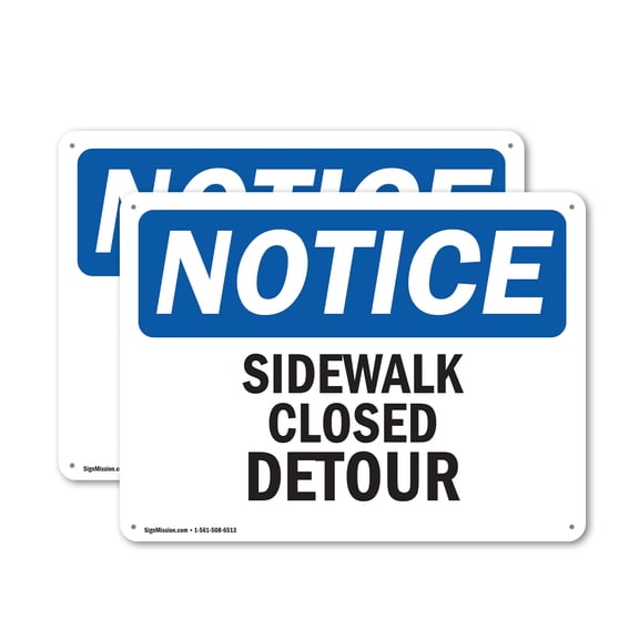 (2 Pack) Sidewalk Closed Detour OSHA Notice Sign 24 Inch X 18 Inch Plastic Sign, Weather Resistant, UV Protected for Workplace, Business, and Construction Site, Made in the USA
