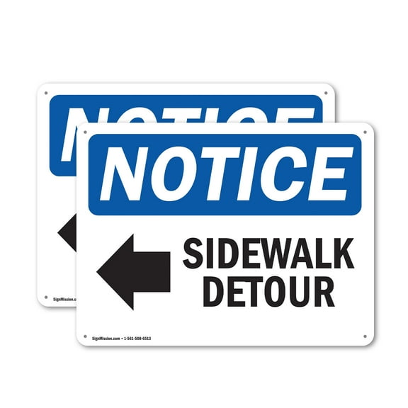 (2 Pack) Sidewalk Detour [Left Arrow] OSHA Notice Sign 10 Inch X 7 Inch Indoor / Outdoor Rust-Free Aluminum Metal Signs for Workplace, Workshop, and Construction Site, Made in the USA