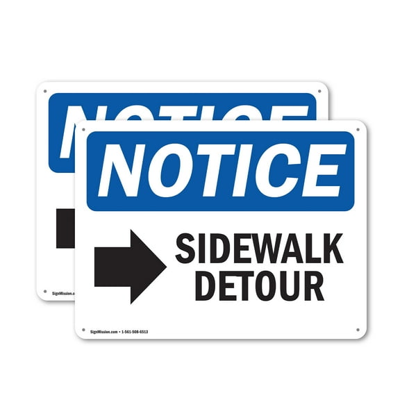 (2 Pack) Sidewalk Detour [Right Arrow] OSHA Notice Sign 14 Inch X 10 Inch Plastic Sign, Weather Resistant, UV Protected for Workplace, Business, and Construction Site, Made in the USA