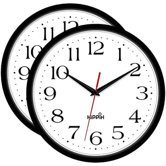 2 Pack Silent Wall Clock, 12 Inch Non Ticking Quiet Digital Sweep Decorative Battery Operated Wall Clocks for Living Room Bedroom Kitchen School Office Decor, Black
