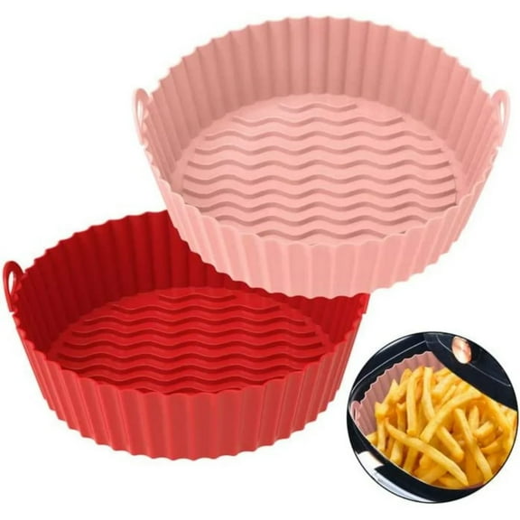 2-Pack Silicone Air Fryer Liner 7.5inch Reusable Air Fryer Silicone Basket Heat Resistant Easy Cleaning Air fryers Silicone Pot Round for 3 to 5 Qt for Air fryer Oven Accessories (Pink+Red)