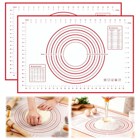 2-Pack Silicone Baking Mat Set, 15.75 x 23.62 in Reusable Pastry Mat, 0.4 mm Flexible Baking Sheet Liner for Dough Rolling, Bread, Cookies and Kitchen Prep, Red