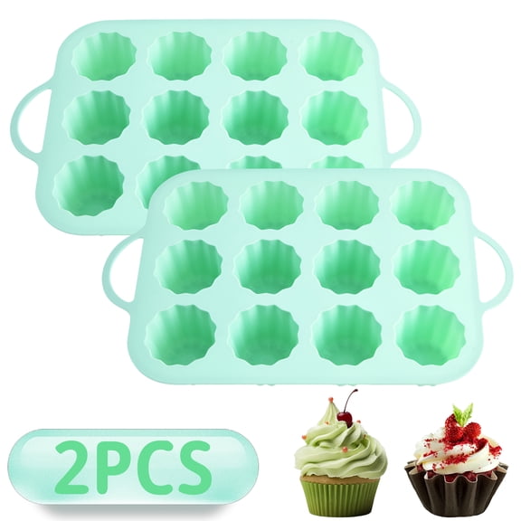 2 Pack Silicone Baking Mold with Handles, 12 Cup Muffin Pan Non Stick Baking Tray for Cupcakes, Jelly and Desserts,Green