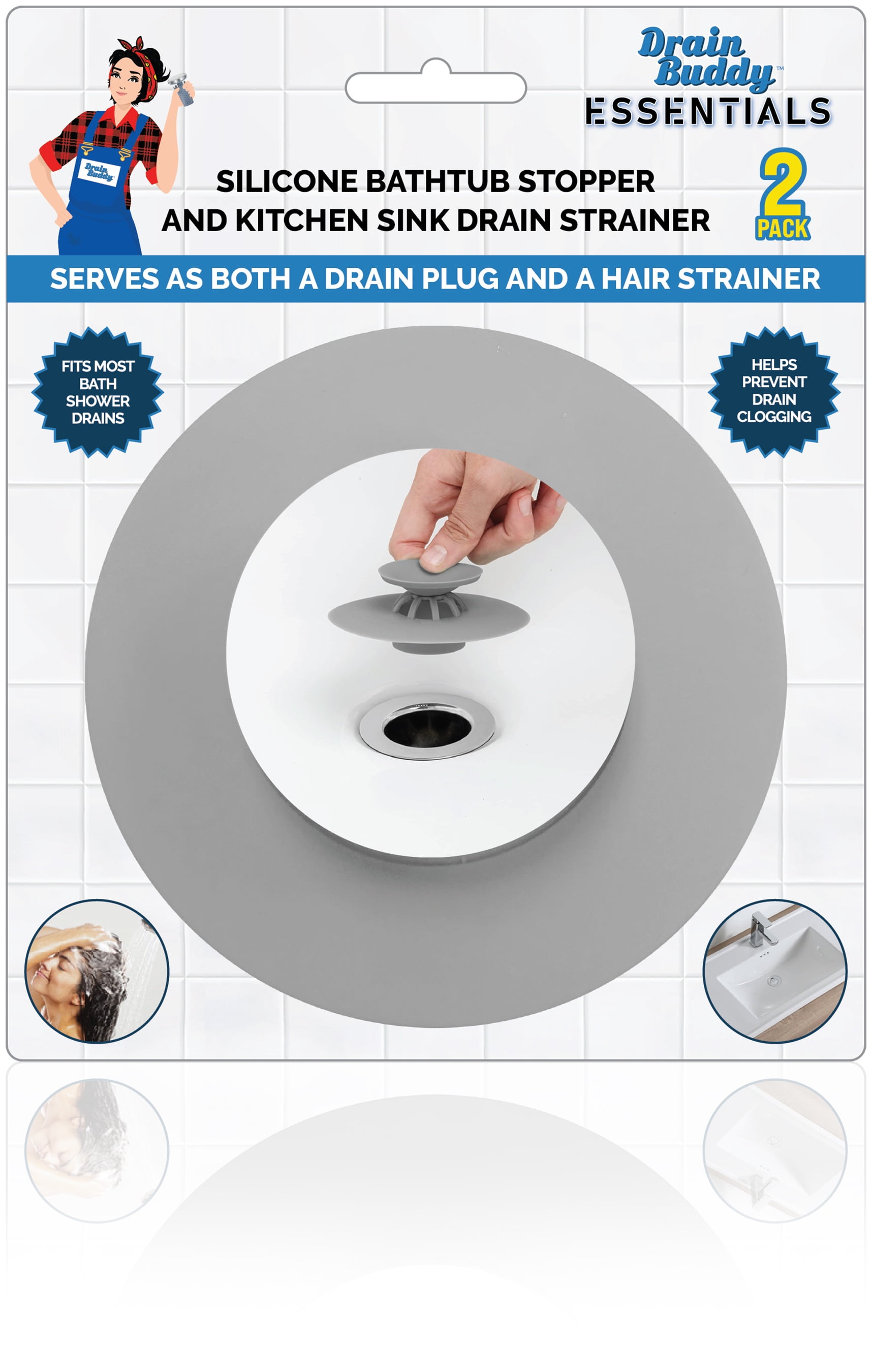 Drain Buddy 2 Pack Silicone Bathroom Drain Stopper and Hair Catcher