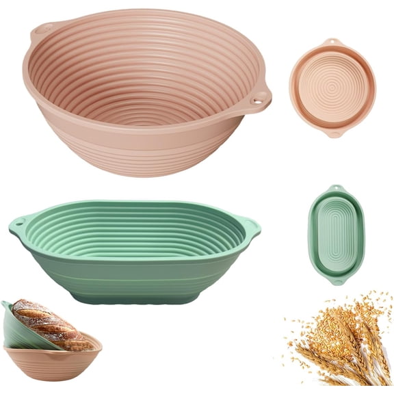 2-Pack Silicone Bread Proofing Basket 10" & 9" Collapsible Banneton for Sourdough Non-Stick Dishwasher Safe Alternative to Rattan Professional Baking Supplies (Round Pink+Oval Green)