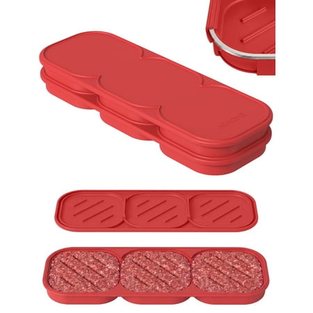 NiHome Burger Press Patty Maker, 2-Pack Silicone Freezer Container, Red | Dishwasher Safe and BPA-Free, Molds 3 Patties Per Tray for BBQ Grilling and Easy Meal Prep