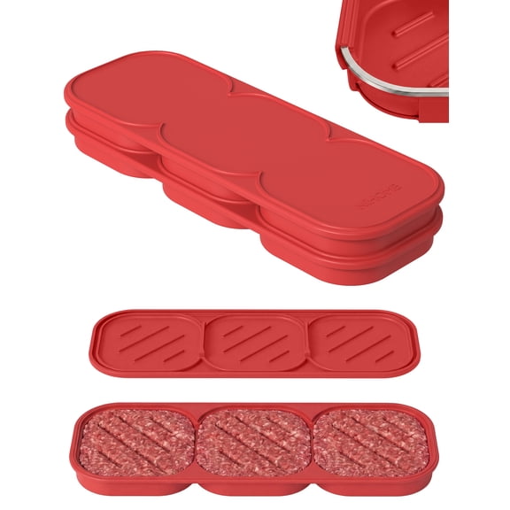 NiHome Burger Press Patty Maker, 2-Pack Silicone Freezer Container, Red | Dishwasher Safe and BPA-Free, Molds 3 Patties Per Tray for BBQ Grilling and Easy Meal Prep