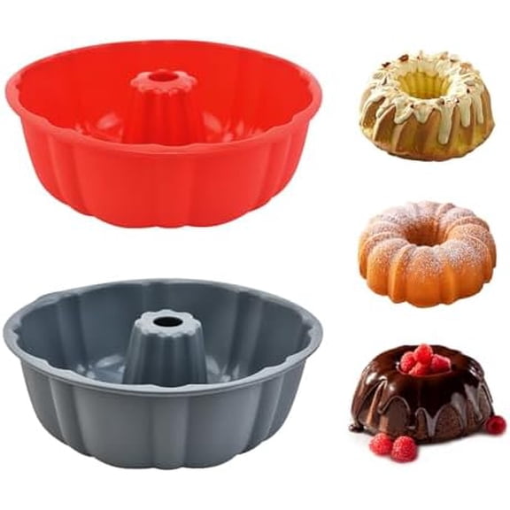 2 Pack Silicone Cake Pan Nonstick,10 Inch, Silicone Cake Molds,Pound Cake Pan, Baking for Jello,Gelatin,Cake,Brownie and Bread (Red+Grey)