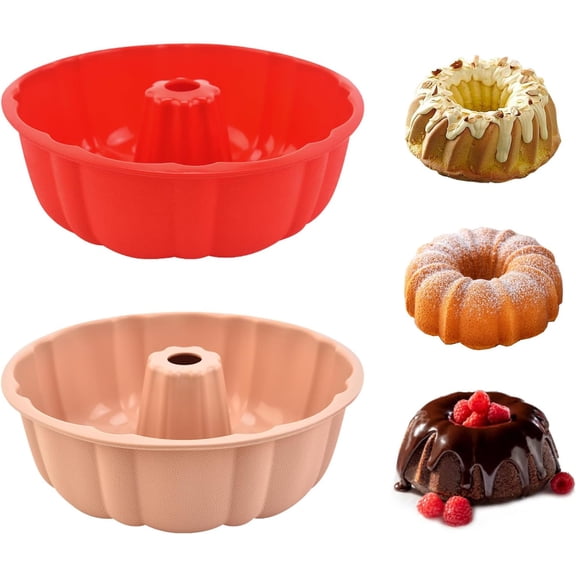 2 Pack Silicone Cake Pan Nonstick,10 Inch, Silicone Cake Molds,Pound Pan, Baking Cake Pan for Jello,Gelatin,Cake,Brownie and Bread (Red+Pink)