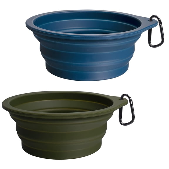 2-Pack Silicone Collapsible Dog Bowls, 400ml Portable Foldable Travel Bowl for Pet Cat, Food Water Feeding Dish for Camping with 2 Carabiners (Army Green, Navy Blue)