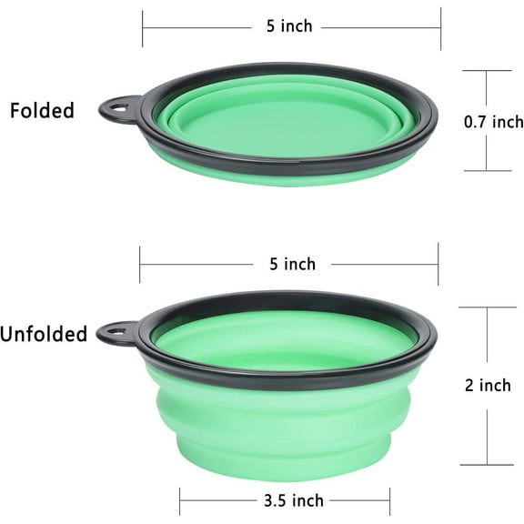 2-Pack Silicone Collapsible Dog Bowls, BPA Free Dishwasher Safe, Portable Foldable Expandable Travel Bowl, Food Water Feeding Cup Dish for Dogs Cats with 2 Carabiners (Light Blue & Green)