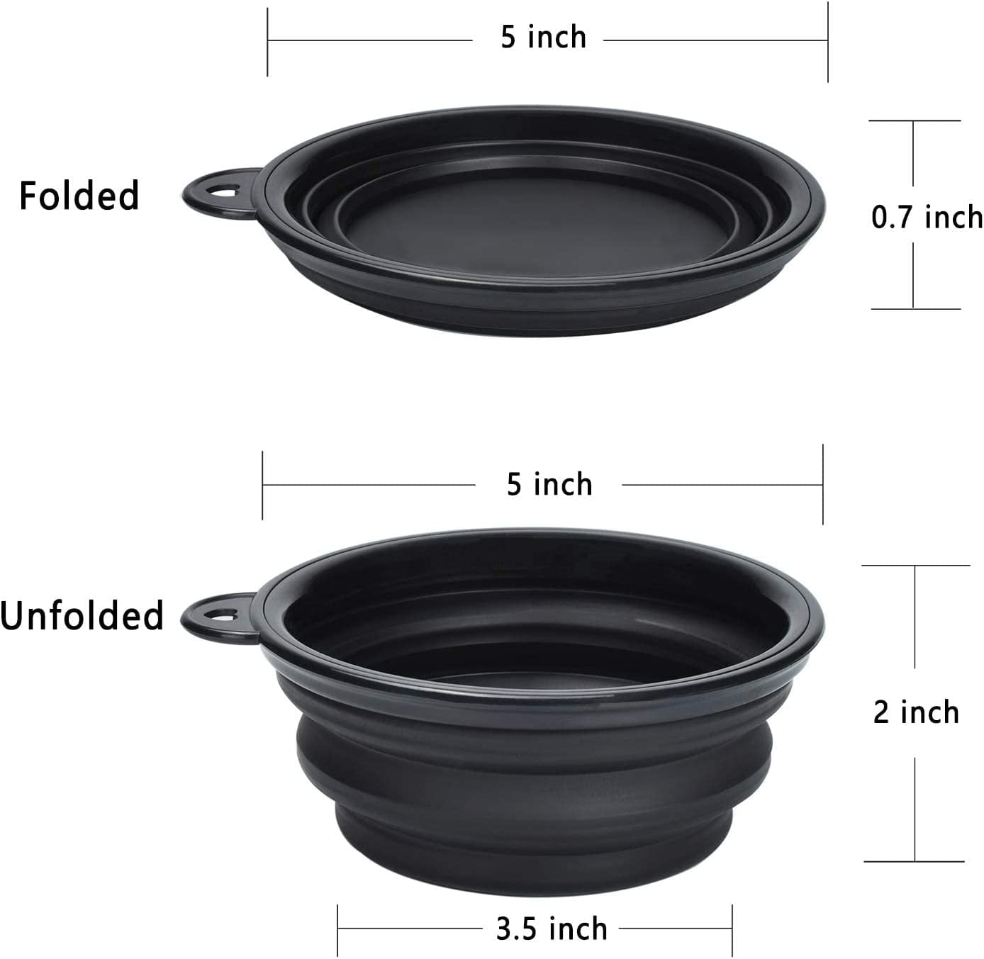 2-Pack Silicone Collapsible Dog Bowls, BPA Free Dishwasher Safe, Portable Foldable Expandable Travel Bowl, Food Water Feeding Cup Dish for Dogs Cats with 2 Carabiners (Blue, Black)