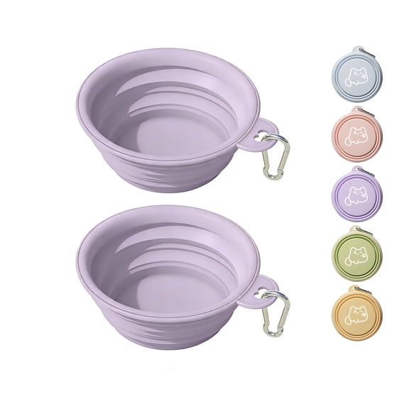 2-Pack Silicone Collapsible Dog Bowls & Cat Bowls, BPA Free Dishwasher Safe Portable Travel Bowls with 2 Practical Carabiners, Foldable Food Water Feeding Dishes for Dogs Cats,Purple