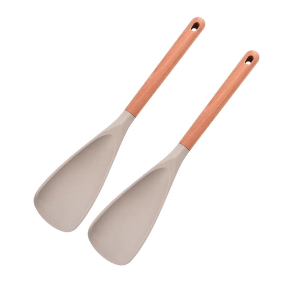 【2 Pack】Silicone Cooking Spoon for Nonstick Cookware - Wooden Handle Kitchen Spoon for Mixing, Flipping, Scraping & Serving - Heat-Resistant Spatula for Baking, Stirring