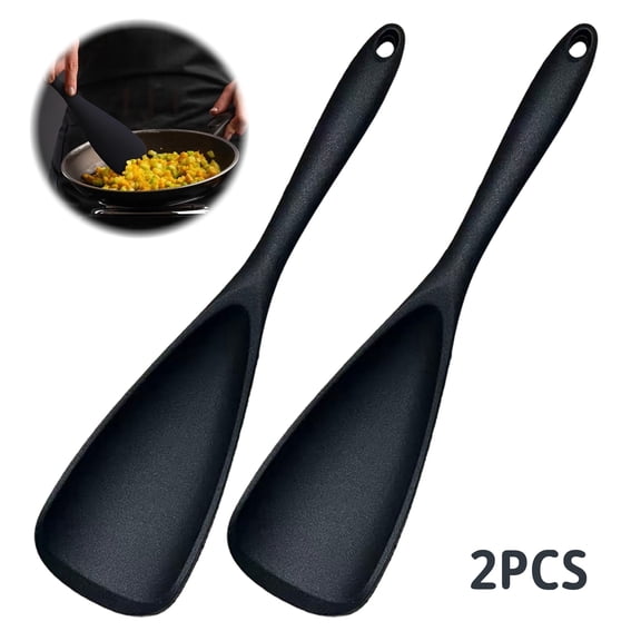 2 pack Silicone Cooking Spoon Set, Nonstick Kitchen Utensils with Raised Rest Design for Stirring and Serving, Black