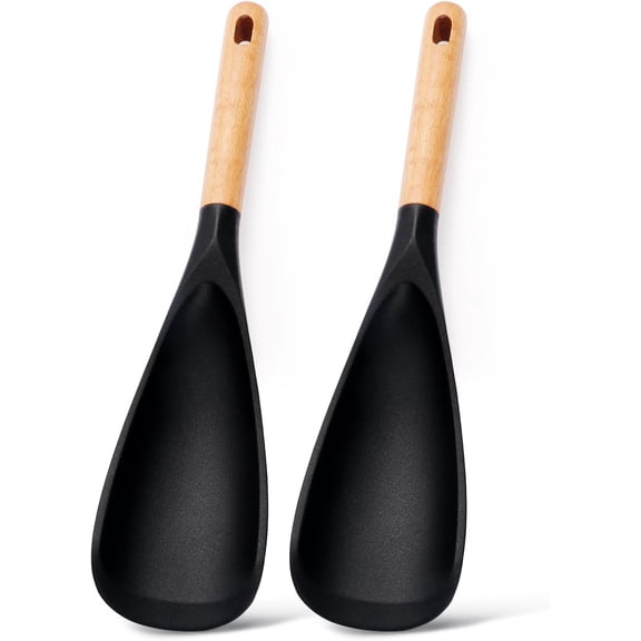 2 Pack Silicone Cooking Spoon Spatula, Multi Function Wooden Handle Spoonula for Stirring Serving Mixing, Non Scratch Kitchen Tool for Nonstick Pots Pans, Flexible Spurtle Scraper. (2)