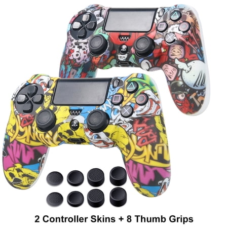 2 Pack Silicone Cover for PS4/PS4 SLIM/PS4 PRO Controller - DualShock 4 Skin Water Printed Protector Case Set - White Yellow+Red