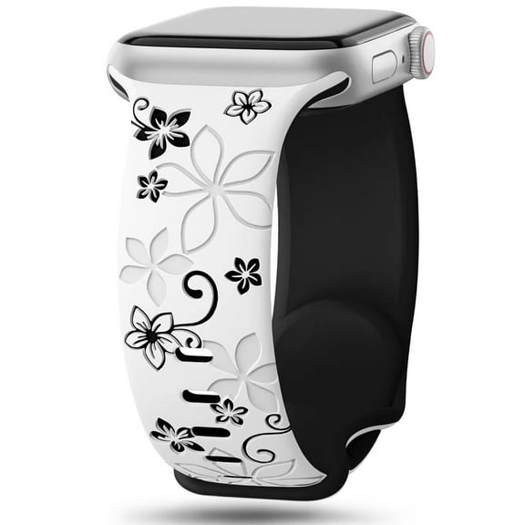 2 Pack Silicone Floral Engraved Bands Compatible with Apple Watch Band 41mm 40mm 38mm Women, Cute Two-Tone Flower Soft Sport Strap for iWatch Bands Series 9 SE 8 7 6 5 4 3 2, White+Black