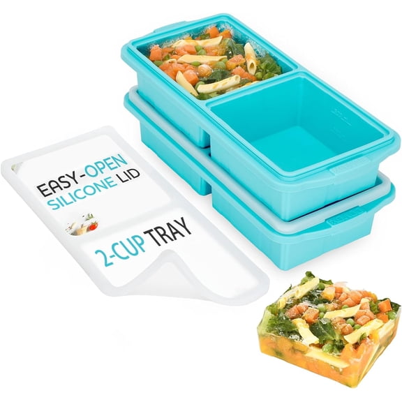 2-Pack Silicone Freezer Trays with Lids, 2-Cup Extra Large Portion Molds, 500ml Soup Freezer Containers, Oven & Dishwasher Safe, BPA-Free, Blue