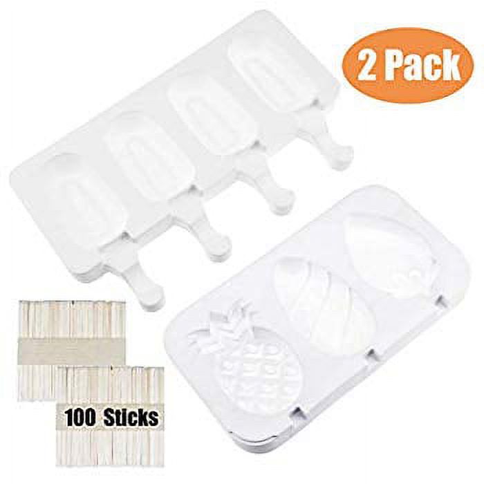 2 Pack Silicone Ice Cream Bar Mold with 100 Wooden Sticks, Reusable Popsicle Molds，2 Different