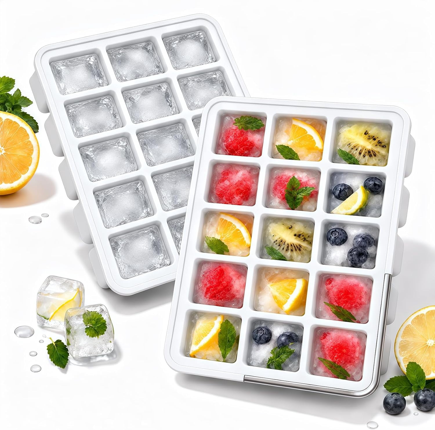 2 Pack Silicone Ice Cube Trays with Lid Metal Reinforced BPA-Free ...