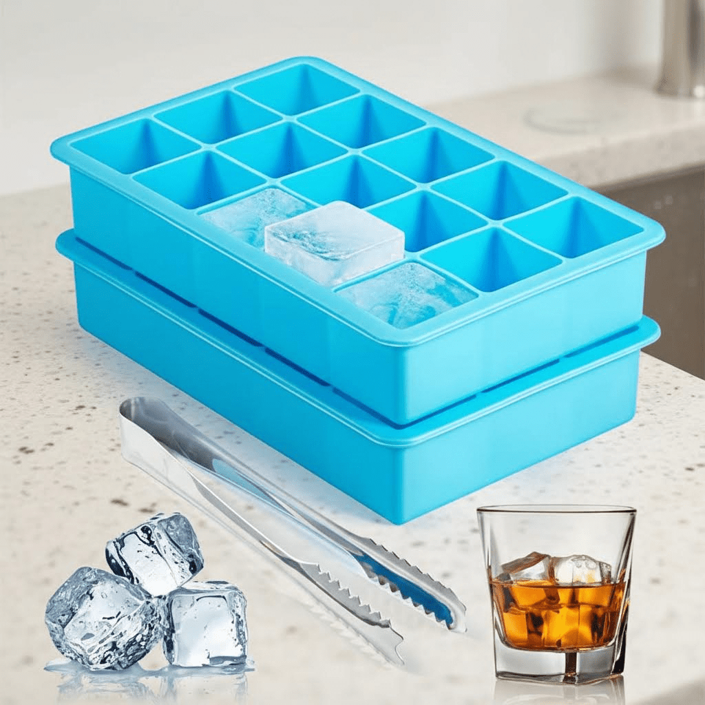 2 Pack Silicone Ice Cube Trays with Easy Release, Flexible Freezer Molds for 15 Cubes, Reusable BPA-Free for Cocktails and Whiskey
