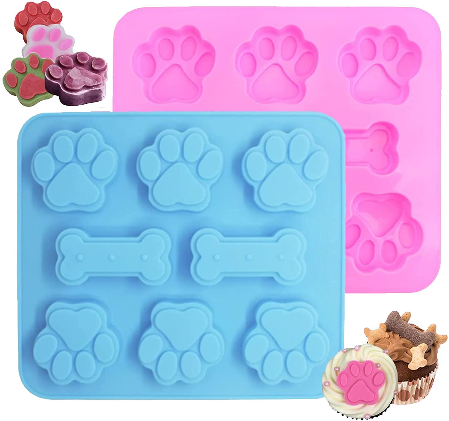 POPBLOSSOM 2 Pack Value Silicone Molds Pet Paw Print Animal Paw Print for Homemade Dog Treats, Baking Chocolate Candy, Oven Microwave Freezer Safe