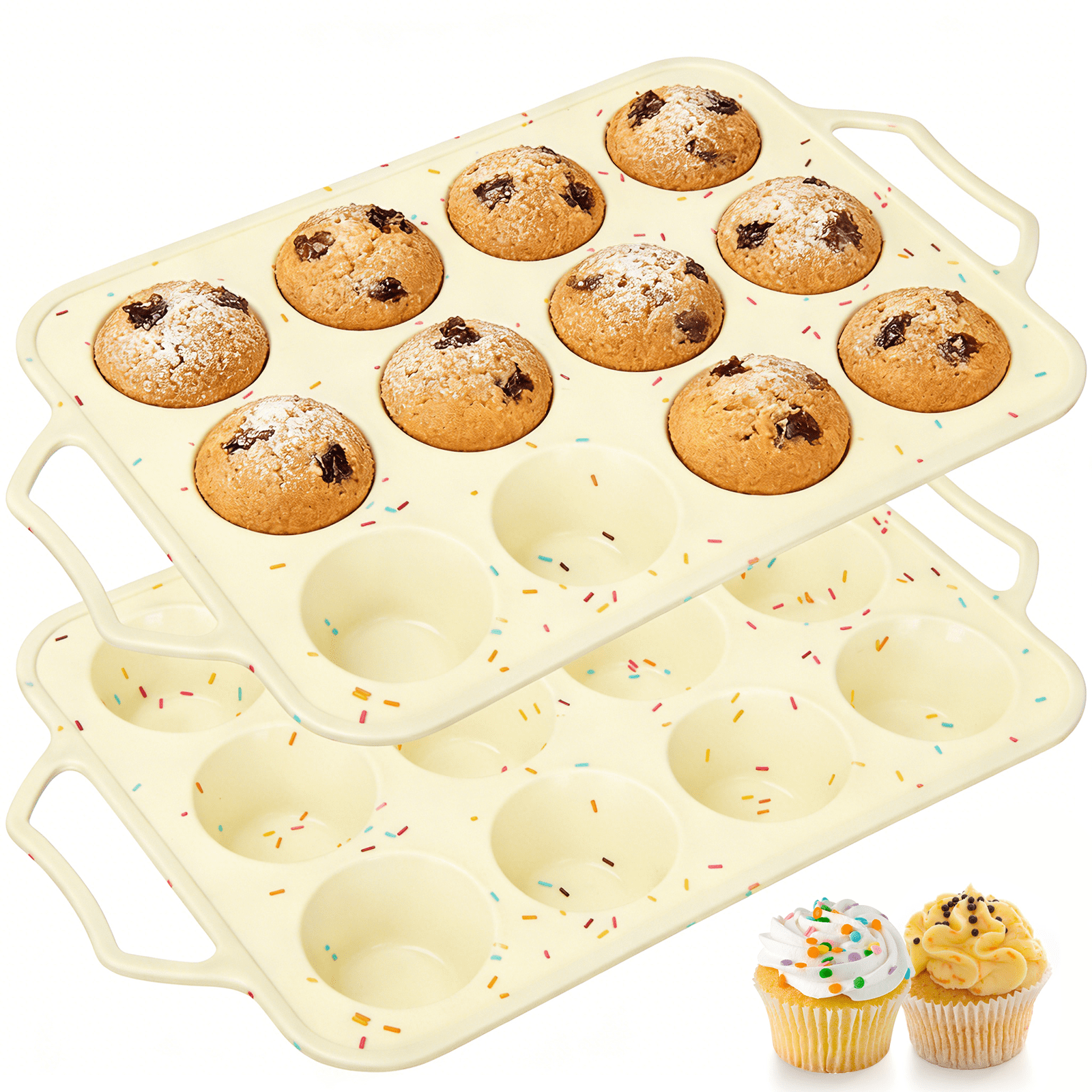 Moldes para muffins de silicona XUEYU, paquete de 2, bandejas antiadherentes de 12 cavidades con marco de metal reforzado para hornear, moldes de tamaño regular para muffins caseros y bocados de huevo, libres de BPA y aptos para lavavajillas