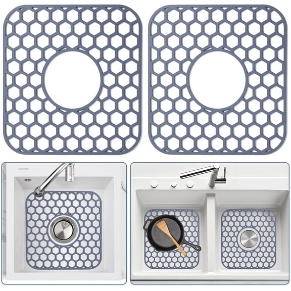 2 Pack Silicone Sink Protectors for Kitchen Sink with Center Drain - 12" x 11" Kitchen Accessory, Non-Slip Heat-Resistant Mat for Bottom of Porcelain Stainless Steel, Dishwasher Safe