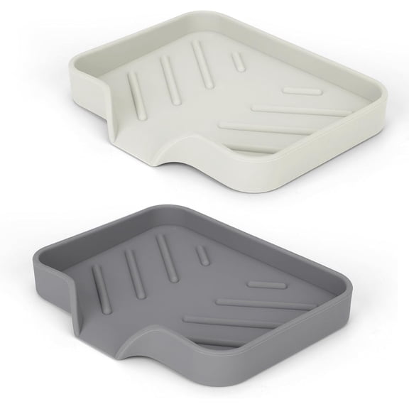 2 Pack Silicone Soap Dish Shower Self Draining Holder Bathroom Sponge Caddy Kitchen Sink Grey Beige