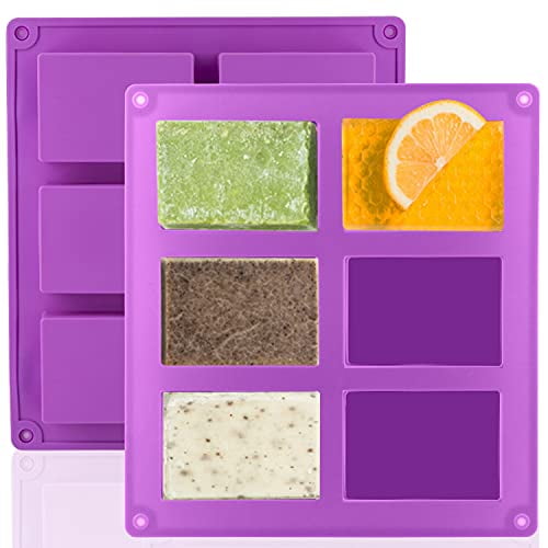 2 Pack Silicone Soap Molds,6 Cavities Rectangle Silicone Soap Molds,Great for Homemade Craft Soap Mold,Chocolate Mold,Cake Mold ＆ Ice Cube Tray - Just Pop Out（Purple)