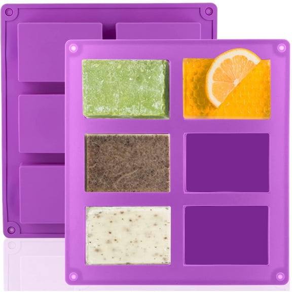 2 Pack Silicone Soap Molds, 6 Cavities Rectangle Silicone Soap Molds, Great for Homemade Craft Soap Mold, Chocolate Mold, Cake Mold ＆ Ice Cube Tray - Just Pop Out（Purple